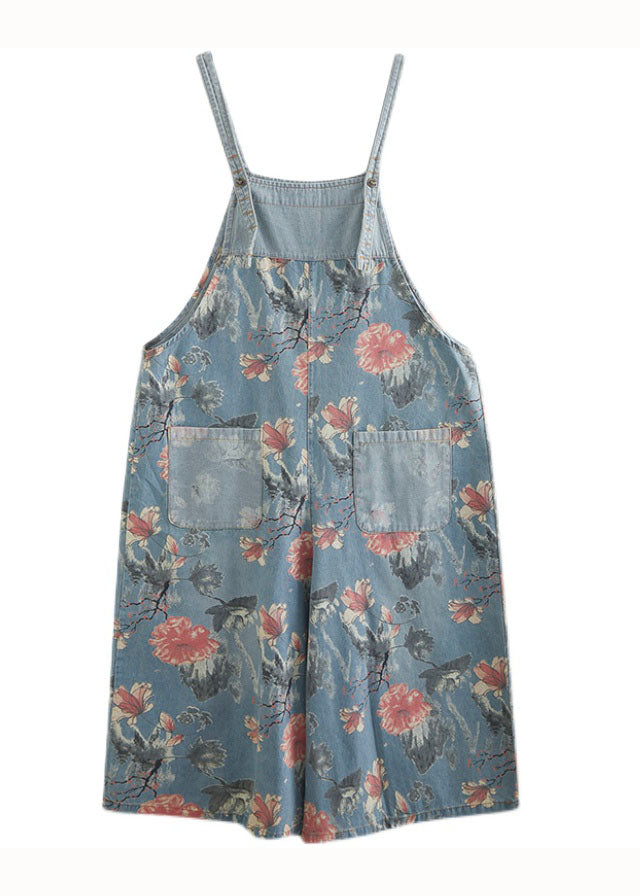 Light Blue Printed Pockets Pocket Denim Summer Jumpsuit