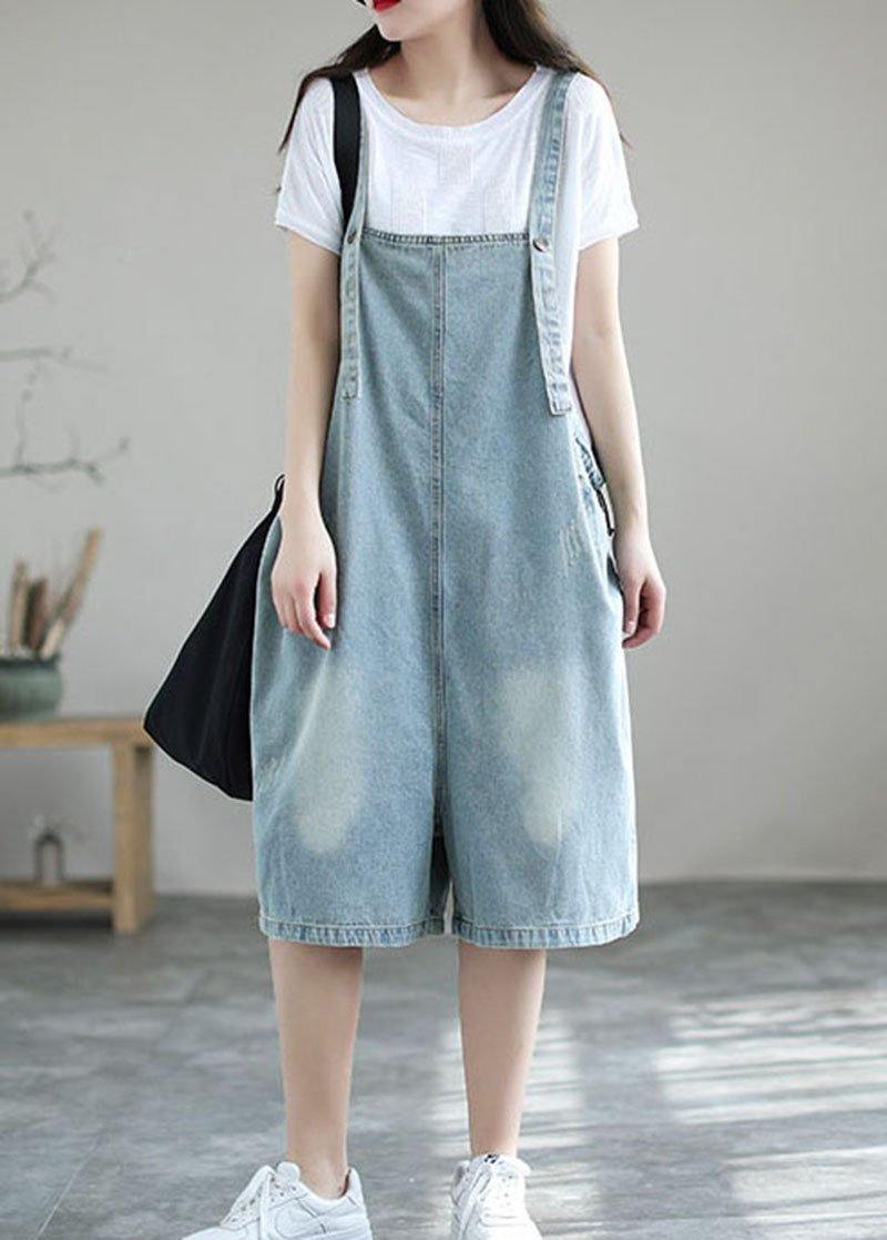 Vintage Loose Pocket Summer Denim Light Blue Jumpsuit Shorts