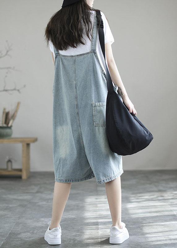 Vintage Loose Pocket Summer Denim Light Blue Jumpsuit Shorts