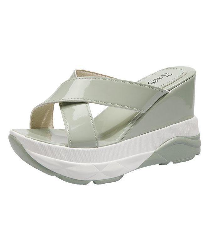 Light Green Faux Leather Wedge Thong Sandals