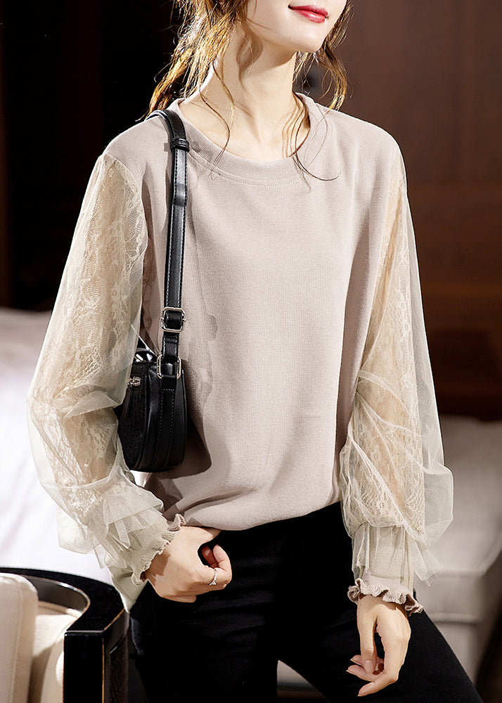 Loose Apricot Ruffled Lace Patchwork Cotton Sweatshirt Fall