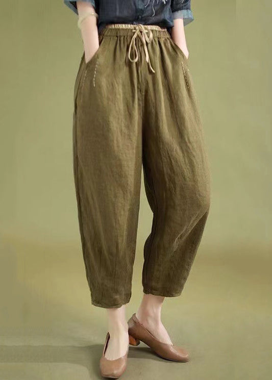 Loose Army Green Pockets High Waist Linen Crop Pants Summer