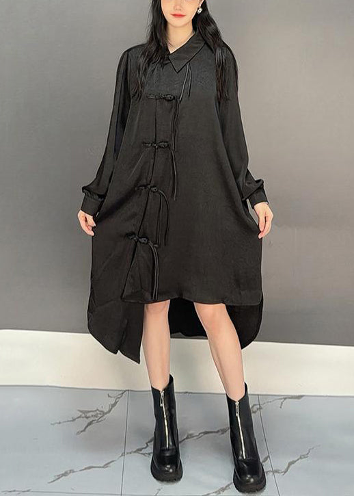 Loose Black Asymmetrical Chinese Button Cotton Shirts Dresses Fall