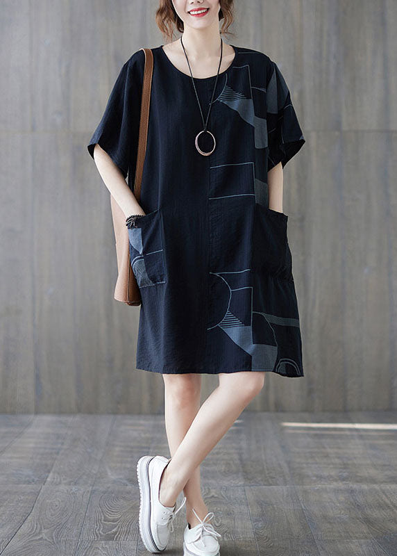 O-neck black loose Print Patchwork cotton mid-length summer dress