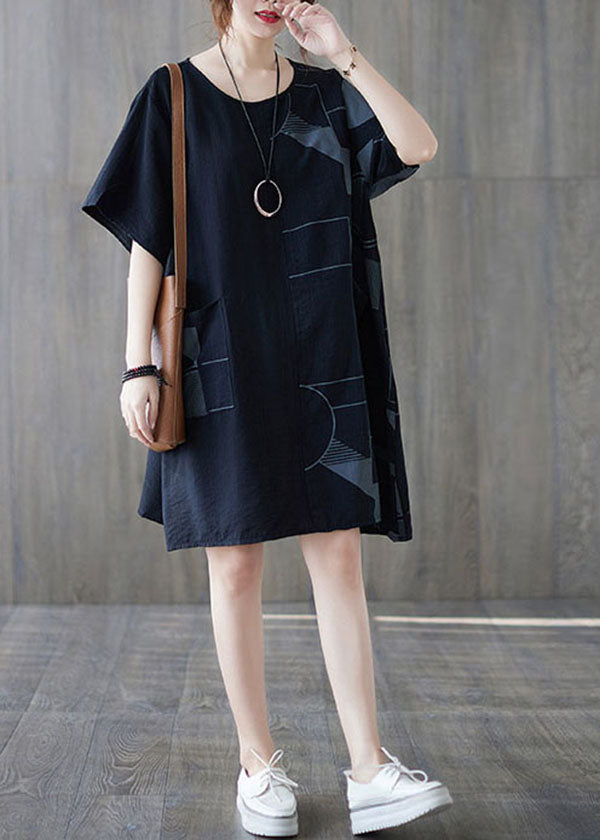 O-neck black loose Print Patchwork cotton mid-length summer dress