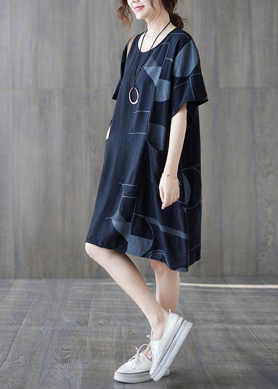 O-neck black loose Print Patchwork cotton mid-length summer dress