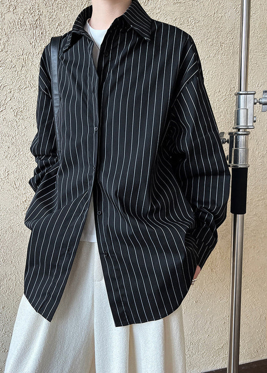 Loose Black Striped Button Shirt Fall