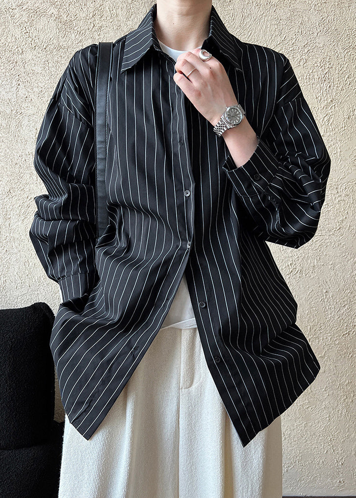 Loose Black Striped Button Shirt Fall