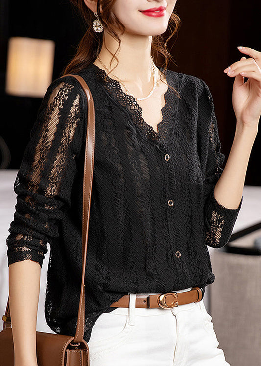 Loose Black V Neck Hollow Out Patchwork Lace Tops Long Sleeve