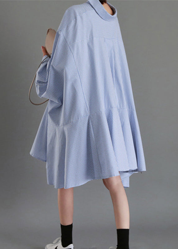 Loose Blue Asymmetrical Striped Cotton Shirts Top Fall