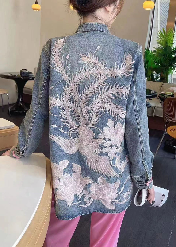 Loose Blue Embroidered Button Denim Coats Long Sleeve