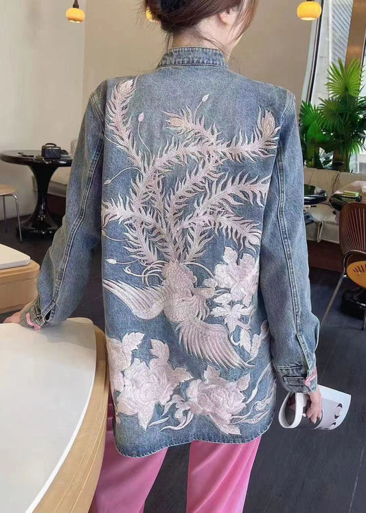 Loose Blue Embroidered Button Denim Coats Long Sleeve