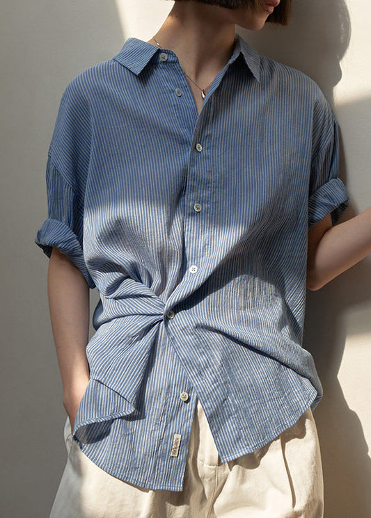 Loose Blue Striped Button Patchwork Cotton Blouses Summer