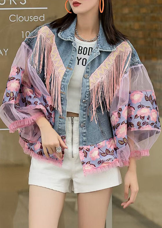 Blue Embroidered Ruffle Patchwork Tassel Loose Denim Coat Lantern Sleeves