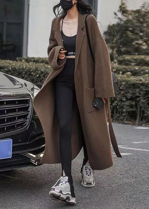 Loose Chocolate Pockets Tie Waist Cotton Knit Long Coat Fall