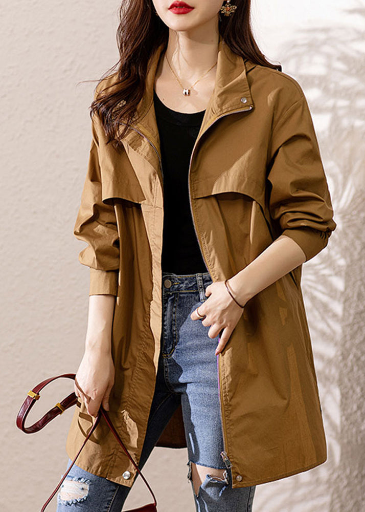 Loose Dark Khaki Hooded Zip Up Patchwork Cotton Trench Coat Fall