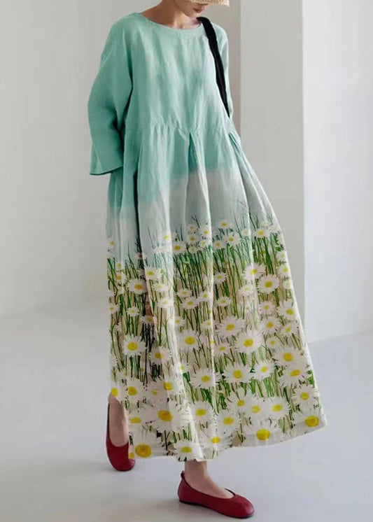 Loose Light Green O-Neck Print Pockets Vacation Long Dresses Bracelet Sleeve