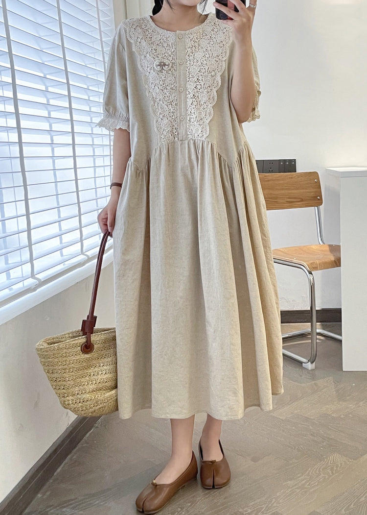 Loose Linen O Neck Lace Patchwork Linen Long Dresses Summer