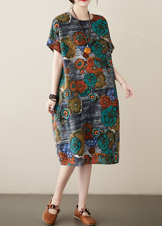 Loose Peacock Blue O Neck Pockets Print Patchwork Cotton Dresses Summer