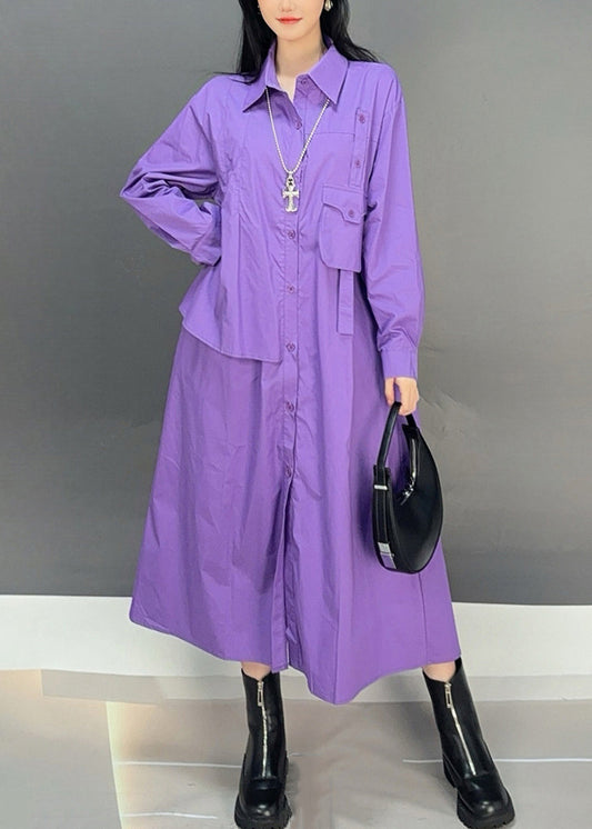 Loose Purple Peter Pan Collar Button Cotton Shirts Dress Fall