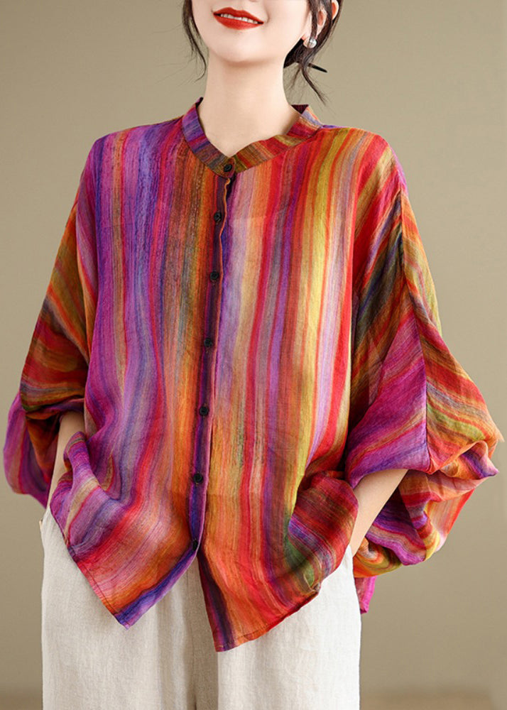 Red Loose Striped Linen Shirt Sleeves Summer