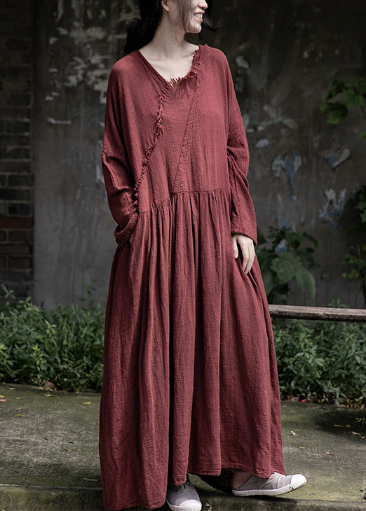 Loose Red Wrinkled Pockets Cotton Maxi Dress Long Sleeve