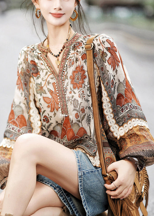 Loose V Neck Print Low High Design Cotton Tops Fall