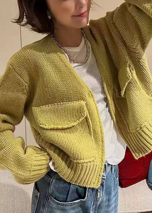 Loose Yellow V Neck Zip Up Knit Sweaters Coat Fall