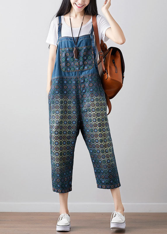 Dark blue printed Loose denim jumpsuit spring