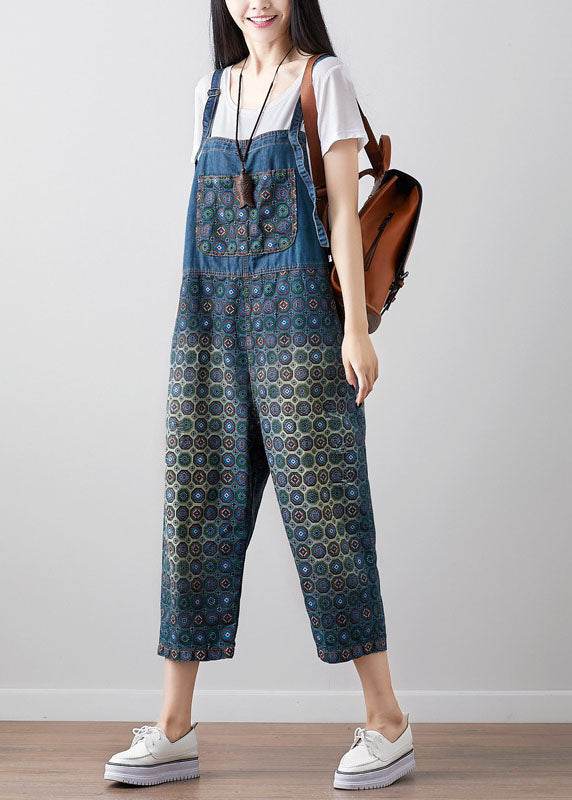 Dark blue printed Loose denim jumpsuit spring