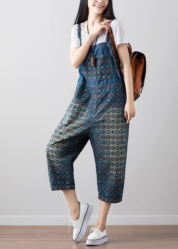 Dark blue printed Loose denim jumpsuit spring