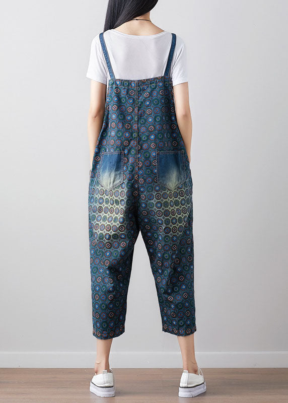 Dark blue printed Loose denim jumpsuit spring