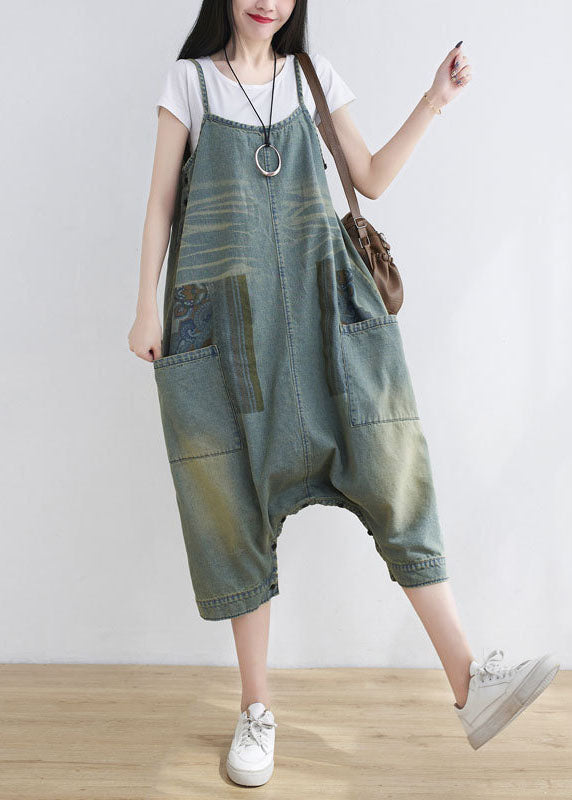 Pocket Print Loose Light Blue Denim Jumpsuit Spring