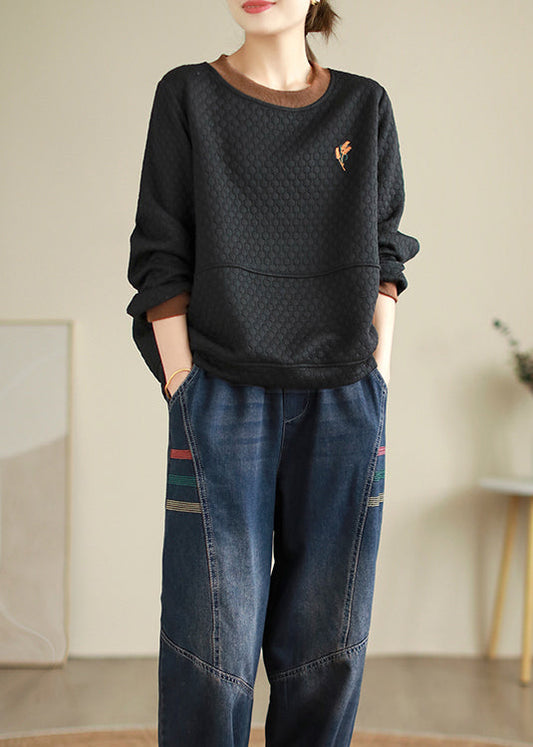 Loose Black Embroideried Thick Cotton Sweatshirt Embroiderie Fall