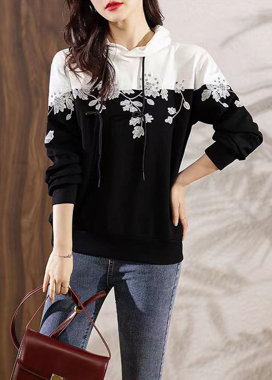 Loose Black Hooded Embroideried Patchwork Cotton Top Long Sleeve