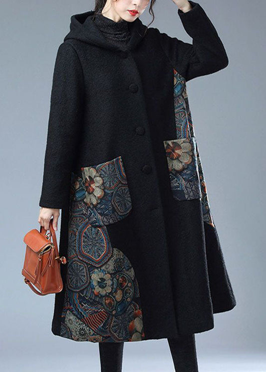 Black Print Hooded Pockets Warm Mink Hair Woolen Loose Coat Winter