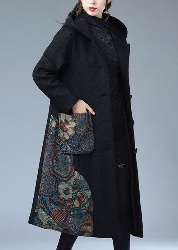 Black Print Hooded Pockets Warm Mink Hair Woolen Loose Coat Winter