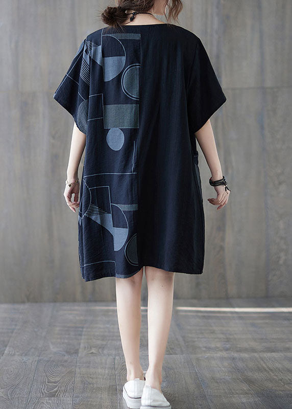 O-neck black loose Print Patchwork cotton mid-length summer dress