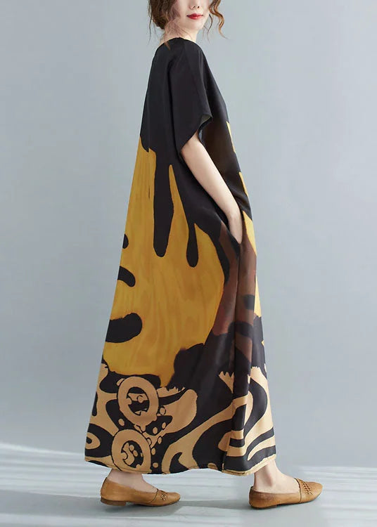 Loose Black V Neck Oversized Leaf Print Chiffon Long Dress Short Sleeve