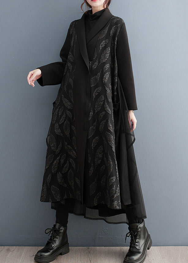 Loose Black Zippered Print Tulle Patchwork Long Trench Coat Fall