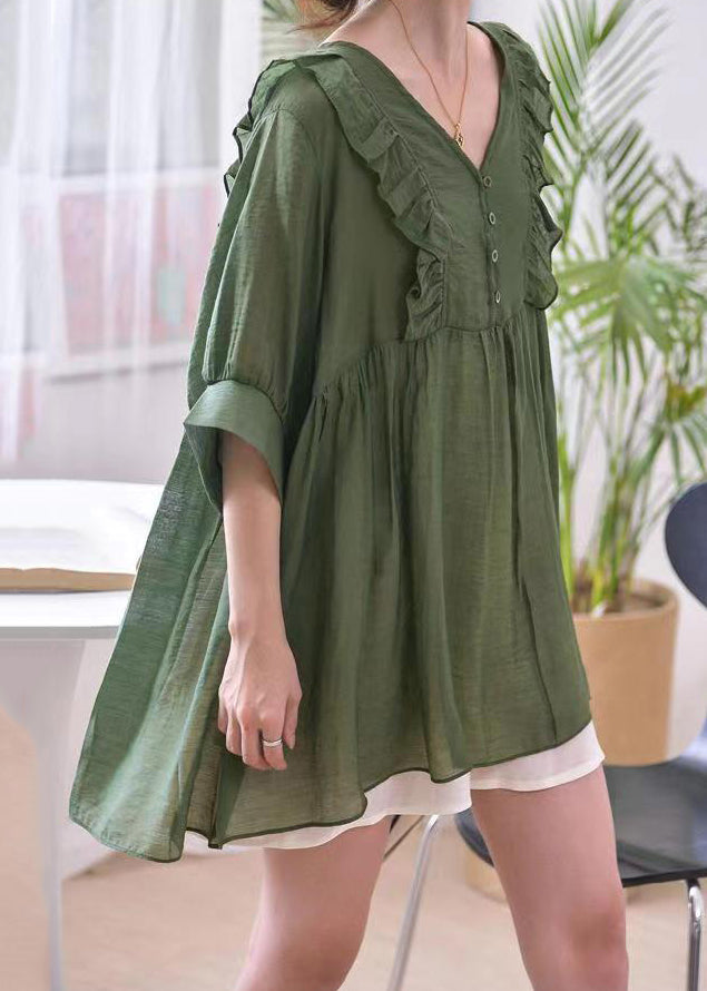 Loose Blackish Green V Neck Ruffled Cotton Shirts Summer