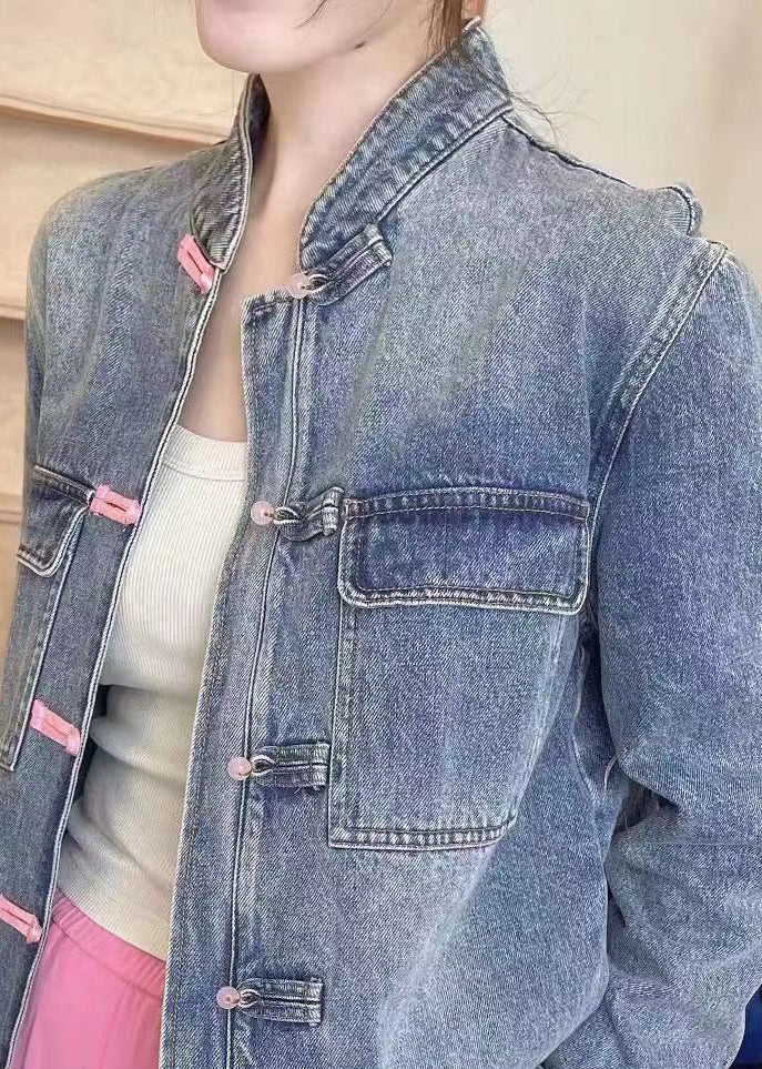 Loose Blue Embroidered Button Denim Coats Long Sleeve