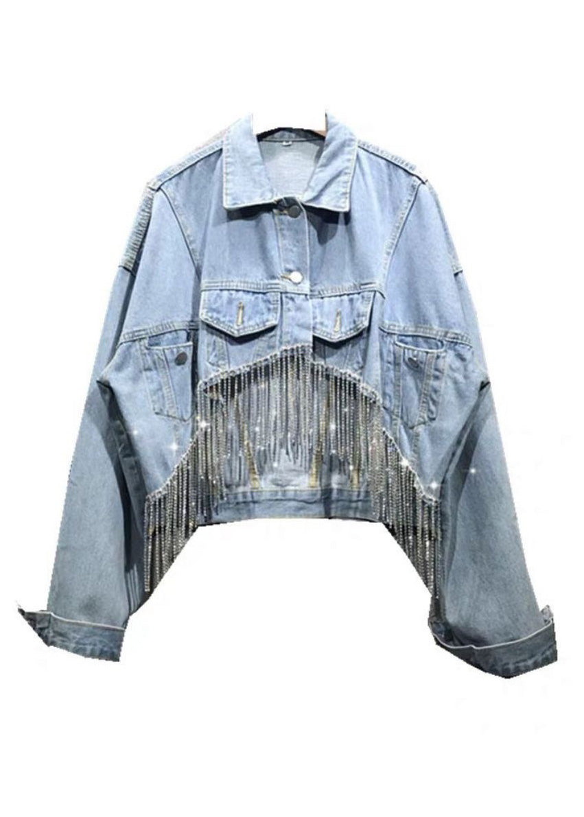 Loose Blue Patchwork Tassel Peter Pan Collar Tassel Zircon Button Denim Coats Long Sleeve