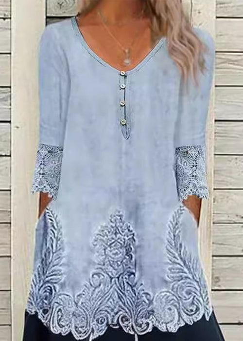 Loose Blue Print Pockets Lace Patchwork Long Dress Half Sleeve