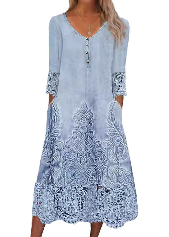 Loose Blue Print Pockets Lace Patchwork Long Dress Half Sleeve