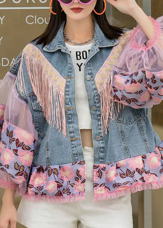 Blue Embroidered Ruffle Patchwork Tassel Loose Denim Coat Lantern Sleeves