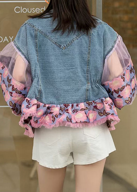 Blue Embroidered Ruffle Patchwork Tassel Loose Denim Coat Lantern Sleeves