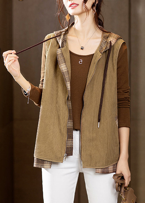 Loose Brown Hooded Zippered Patchwork Corduroy Waistcoat Sleeveless