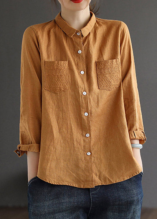 Loose Brown Yellowe Peter Pan Collar Embroideried Button Linen Shirt Long Sleeve