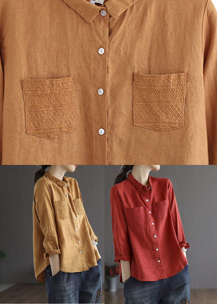 Loose Brown Yellowe Peter Pan Collar Embroideried Button Linen Shirt Long Sleeve